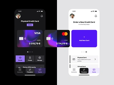 Tybr Cards : Light & Dark Theme account app bank banking card credit dark debit design digital light mastercard money theme ui ui design uiux ux visa