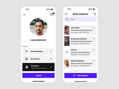 Tybr Account & Bank Recipients account app bank banking clean contact design digital finance fintech id light minimal person profile recipient ui ui design uiux ux