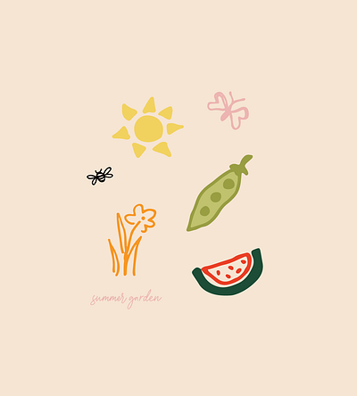 summer garden bee branding branding inspo butterfly female illustrator flowers fruits garden gardens graphic design hand drawn illustration peas summer summer time sunshine veggies