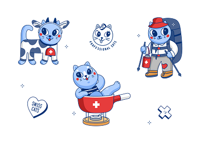 Swiss cats cat character cow cute fondue hiker illustration stickers suiss swiss switherland vector