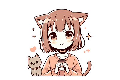 Cat girl with a kitten animal anime cat catgirl character coffee cup cute girl illustration neko pet vector