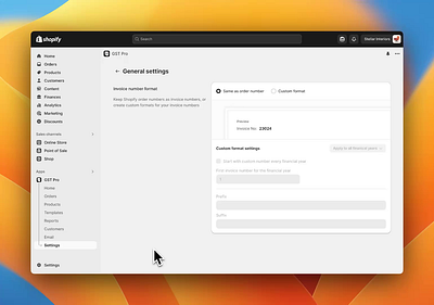 Custom Invoice Number Settings b2b ecommerce figma gst invoices productdesign saas shopify ui ux