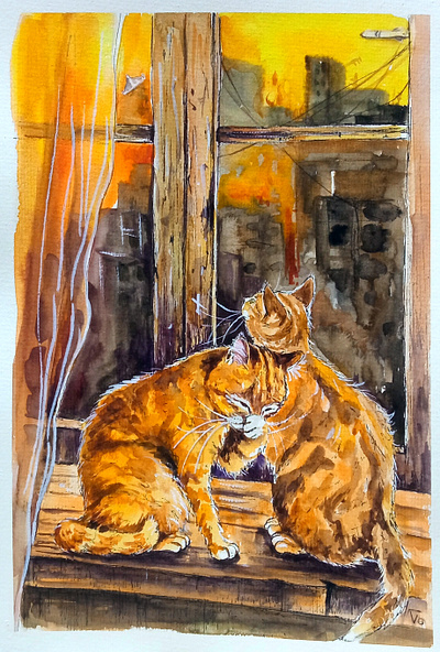 Warm Ginger Cats on a Window Ledge - War in Ukraine Themed Water art cat hand painted handmade paint painting pet ukraine ukrainian war watercolor window