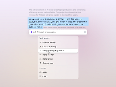 AI Assistant app chart clean clean ui design fix generate grammar irakli lolashvili minimalistic revenue search slide spelling text ui