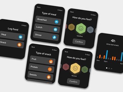 Food And Mood Tracker Watch App analytics app design apple watch daily ui dailyui 018 dark mode dashboard diet emotions figma fitness food tracker graph health mood tracker slider ui design ux design watch design wellness