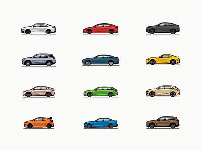 Car icons cars clean design flat icons illustration logo minimalism racing set slick vector