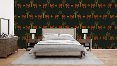 Folk tiger wallpaper pattern chinese tiger folk art folk tiger freelancer graphic design illustration palm trees pattern design room decor tibetan tiger tiger pattern wallpaper wallpaper pattern