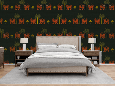 Folk tiger wallpaper pattern chinese tiger folk art folk tiger freelancer graphic design illustration palm trees pattern design room decor tibetan tiger tiger pattern wallpaper wallpaper pattern