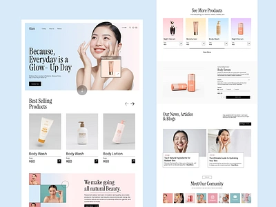 Glam - Beauty And Skincare Landing Page beauty cosmetics cosmetics store design ecommerce face care landing page make up medical care online shop personal care product page design self care shopify skincare ui website wellness