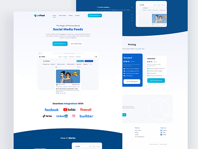 Landing Page Design for Social Media Feed Aggregator (uniFeed) aggregation agregator blue colorful daily dailyui design everyday feed landing landing page media product design scroll social ui web web design website weekday