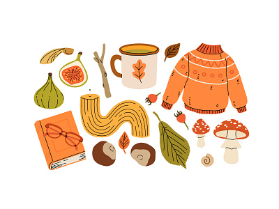 Cozy autumn set 3 autumn cartoon collection concept cozy cute design fall flat illustration set vector