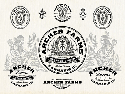 Archer Farms Cannabis Co. badge badge logo brand identity branding cannabis graphic design hand drawn hemp illustration logo logo collection logo lockup native american outdoor typography vintage vintage logo