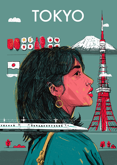 Tokyo bullet train character city cool poster illustrated illustrated japan illustrated tokyo illustration illustrator japan japan poster people portrait portrait illustration poster illustration procreate tokyo tokyo tower