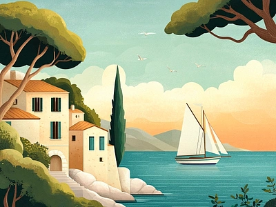 Sailing boat art boat castle cote dazur design house illustration italy mountains old money postcard procreate sailing sea sky summer trees villa vintage yacht