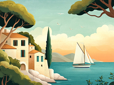 Sailing boa art boat castle cote dazur design house illustration italy mountains old money postcard procreate sailing sea sky summer trees villa vintage yacht