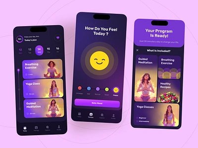 Meditation and Yoga Mobile App Design android app app design app ui health app design healthcare ios ios app meditation app mental health mindset mobile app mood tracker product design relax telemedicine therapy app ui ux wellness app yoga app