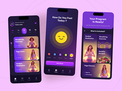 Meditation and Yoga Mobile App Design android app app design app ui health app design healthcare ios ios app meditation app mental health mindset mobile app mobile app design mood tracker product design relax therapy app ui ux wellness app yoga app