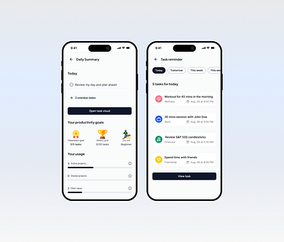 Daily summary and Task Reminder UI mobile app product design productivity summary tasks
