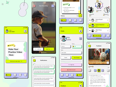 Football Practice App for Kids brutalism creativedesign designforkids designinspiration feedback funwithfootball graphic design home screen design interactivelearning kidfriendlydesign leader board design login signup screen logo mobileappdesign notification screen processing screen profile screen start recording screen uiuxdesign youthsportsapp