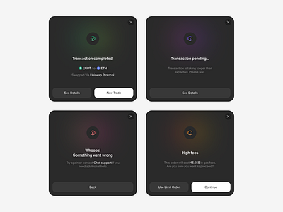 Transaction modals crypto dark mode dex exchange figma modal ui ux