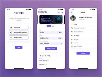 TradeIn App - Wallet Integration & User Profile Interface app branding crypto currency design fiat figma graphic design illustration logo metamask payment profile token trade tradein ui unstoppable domains wallet walletconnect