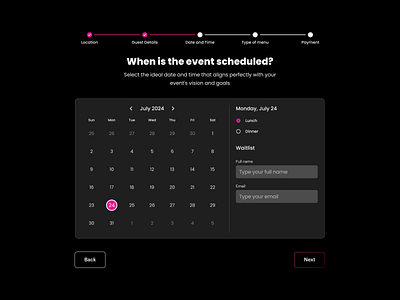 Event Planning calendar dark ui event input progress bar select stepper ui ux