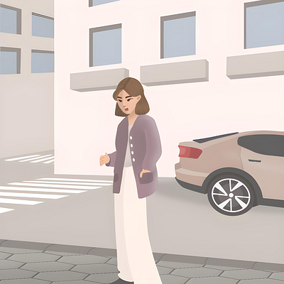 Weekend mood: walking and exploring🚶‍♀️ animation branding building car crossroad digital art digital illustration girl good day graphic design illustrator model procreate purple street traffic light walk walking weekend woman