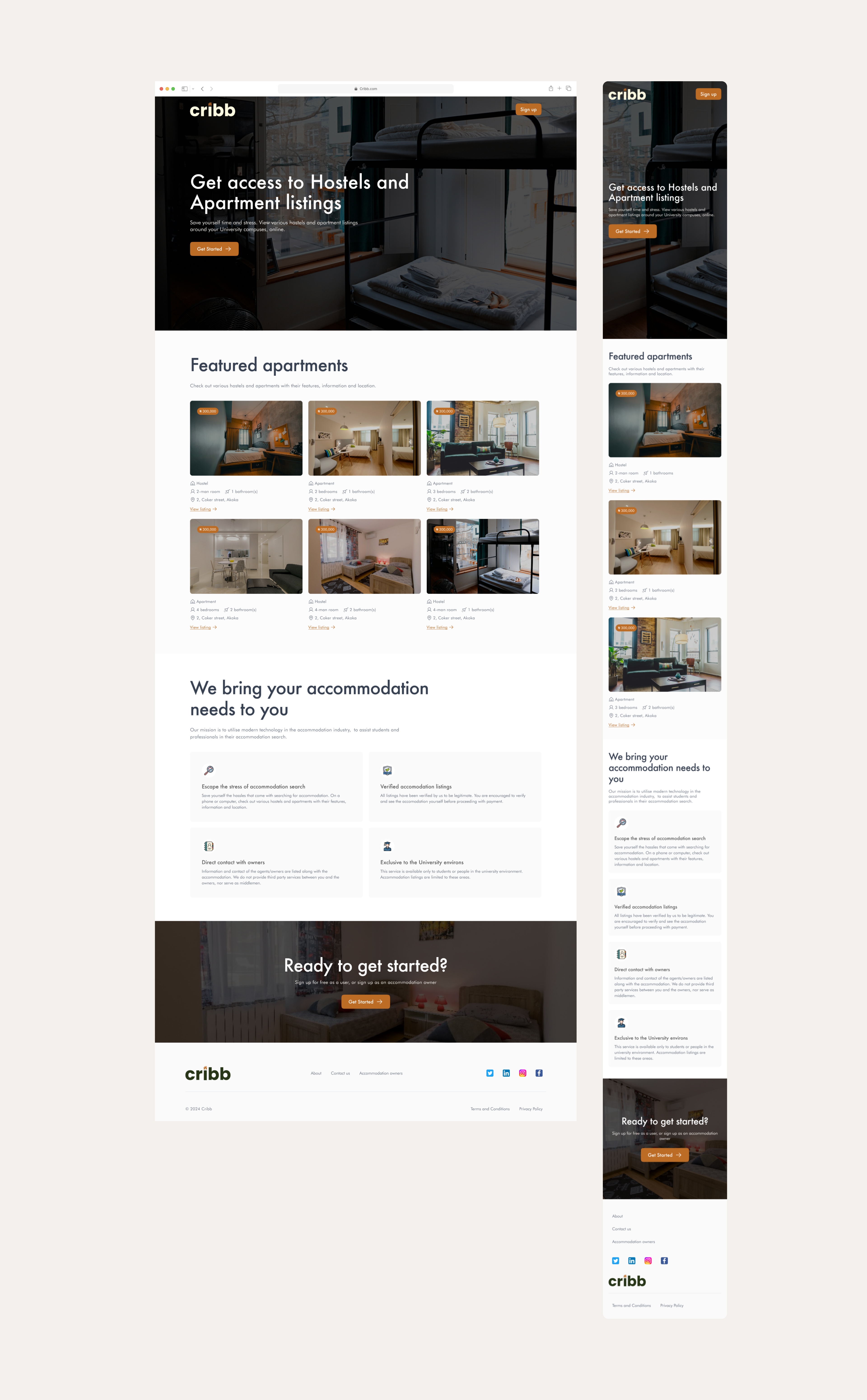 Landing page for an Accommodation listings web app ui ux website