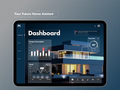 Smart Home IOT Dashboard UI #11 buttons dashboard electricity energy dashboard futuristic ui house management iot ipad menu message notification overlay power comsuption smart home tabs thermostat ui visual design