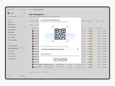 Authenticator app 2fa 2fa authentication modal 2fa modal qr code administration auth modal authenticating authentication authentication method authentication modal authenticator authenticator app login manage authentication managing authentication modal modal dialog multi factor authentication popup qr code registration