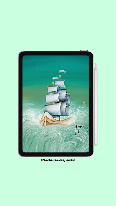 Ship sailing in a stormy sea! artist create creativity digital art drawing hues imagination landscape oil painting river