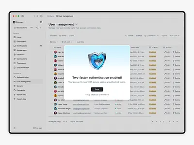 2FA authentication 2fa 2fa authentication 2fa authenticator auth platform authenticator app dialogs gradient identity verification modal modal component modal design pattern modal dialog modal dialog box modal window multi factor authentication multifactor authentication saas security success two factor authentication
