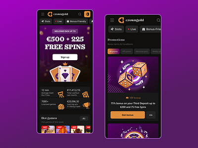 Crown Gold - Mobile Casino UI 2d banner betting blockchain brand branding cards casino casino branding crypto crypto casino gambling game gaming home page igaming illustration mobile online casino promotions