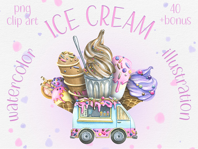 Ice cream food truck watercolor clip art glaze