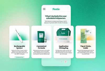 Pestie Home Page: What's Included branding bugs card gradient green home page pest control pestie shipment subscription ui utah ux