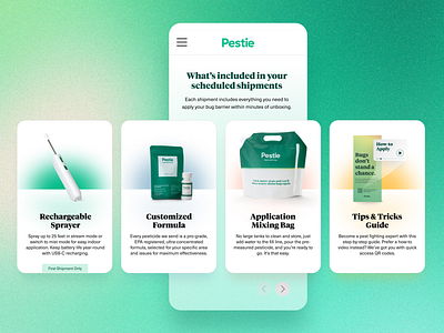 Pestie Home Page: What's Included branding bugs card gradient green home page pest control pestie shipment subscription ui utah ux