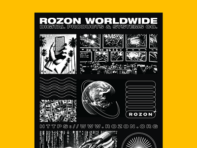 ROZON WORLDWIDE: Dithered Tech Poster ai app apple application arnold company cybercore cybord development diffusion engineering industry ios mobile poster rozon software space tech y2k