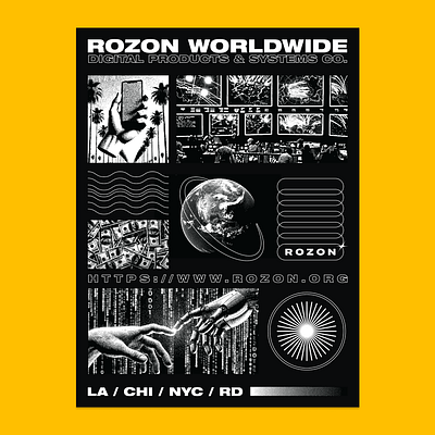 ROZON WORLDWIDE: Dithered Tech Poster ai app apple application arnold company cybercore cybord development diffusion engineering industry ios mobile poster rozon software space tech y2k