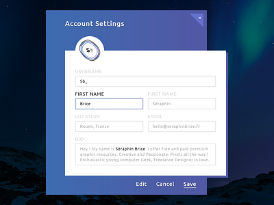 Account Settings biography brand branding design email first name graphic design icons designer illustrator ai logo brand branding photoshop psd popup print designer purple sea senior designer space typo typography ui ui ux designer username widget