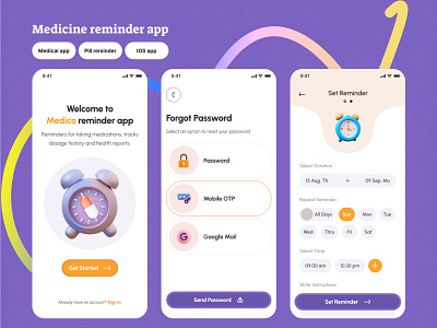 Medicine reminder app (Light theme) 2024 alarm clean ui flat ui ios app med reminder medical app medicine medicine reminder app minimal ui mobile app neelpari pill pill reminder reminder saloni ui ux white ui