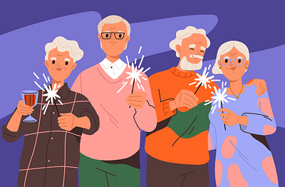 Elderly couples celebrate Christmas art character design design drawing flat illustration flat style graphic design holiday illustration postcard vector