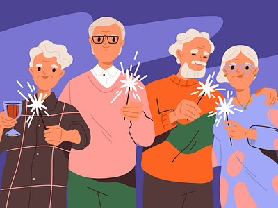 Elderly couples celebrate Christmas art character design design drawing flat illustration flat style graphic design holiday illustration postcard vector