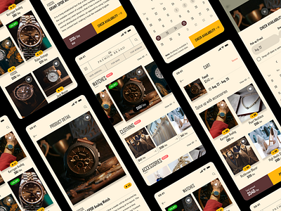 Retro-Inspired Luxury Cloth & Accessories Rental App Design accessories app design booking cloth cloth app cloth rental app cmarix ecommerce app illustration minimal mobile app mobile app ui online shopping premium brands retro app design shopping ux watch watch rental app