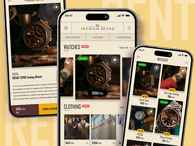 Retro-Inspired Luxury Cloth & Accessories Rental App Design accessories app design booking cloth cloth app cloth rental app cmarix ecommerce app illustration minimal mobile app mobile app ui online shopping premium brands retro app design shopping ux watch watch rental app