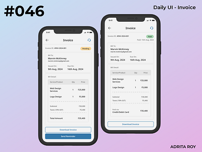 Daily UI 046 - Invoice bill dailychallenge dailyui design designer figma invoice mobile payment prototype ui ui design uiux ux ux design wireframe