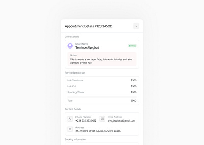 Appointment Details Modal beauty design saloon ui ui design ux ux design