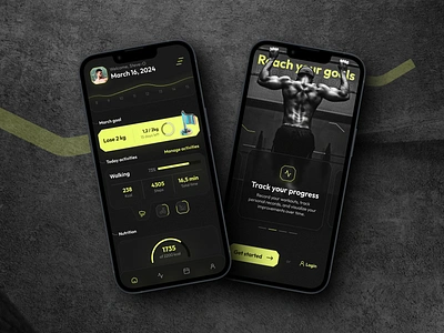 Fitness Tracker App dark mode fit fit tracker fitness goal tracker gym gym app health health app healthcare mobile mobile app motivation sport ui design visual visual direction wellness workout