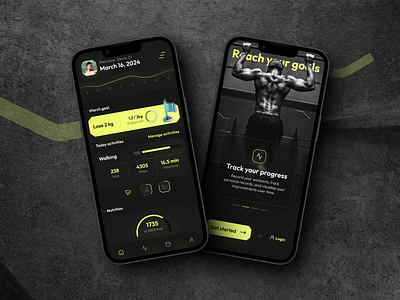 Fitness Tracker App dark mode fit fit tracker fitness goal tracker gym gym app health health app healthcare mobile mobile app motivation sport ui design visual visual direction wellness workout