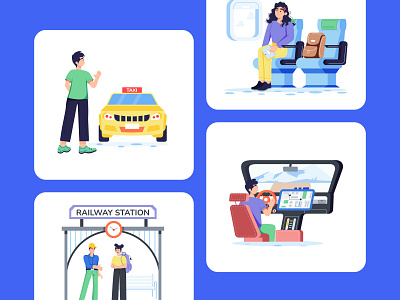 Public Transport Illustrations app illustrations bus bus stop character driving flat design illustration people public transport railway station ride subway taxi train transit transportation ui ux vector vehicle web illustrations