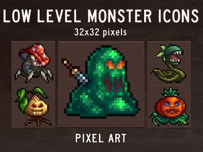 Free Low Level Monsters Pixel Icons 32×32 2d 32x32 art asset assets fantasy game game assets gamedev icon icons indie indie game monster pack pixel pixelart pixelated rpg ui